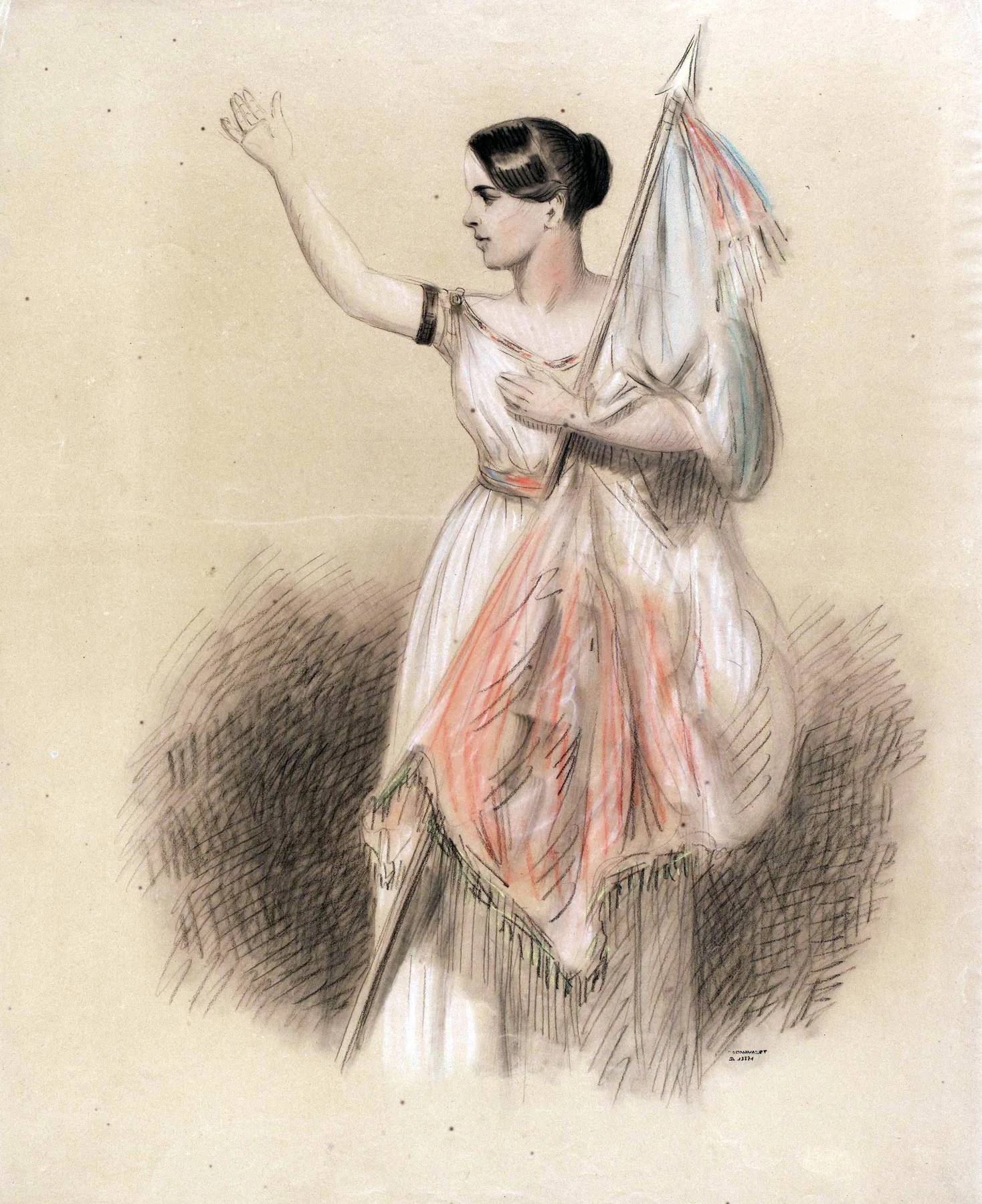 Zeichnung von Rachel, wie sie La Marseillaise in der Comédie-Française singt.