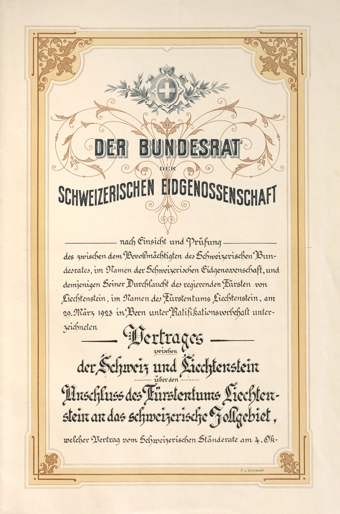 Die erste Seite der Schweizer Ratifikationsurkunde zum Zollanschlussvertrag vom 26. Dezember 1923.