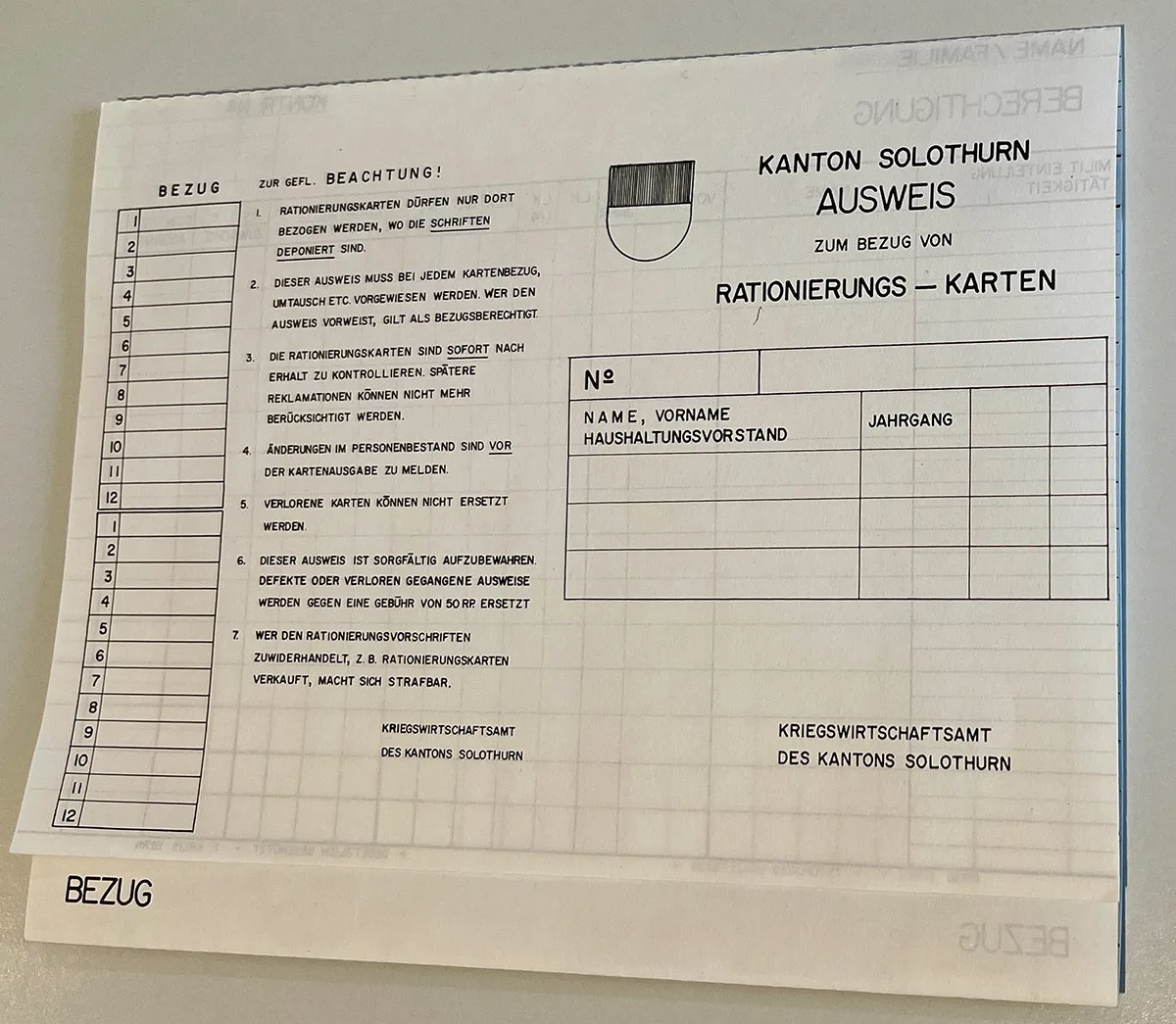 Ausweis des Kantons Solothurn, welcher die Benutzung von Rationierungskarte ermöglichen sollte, 1960er-Jahre.