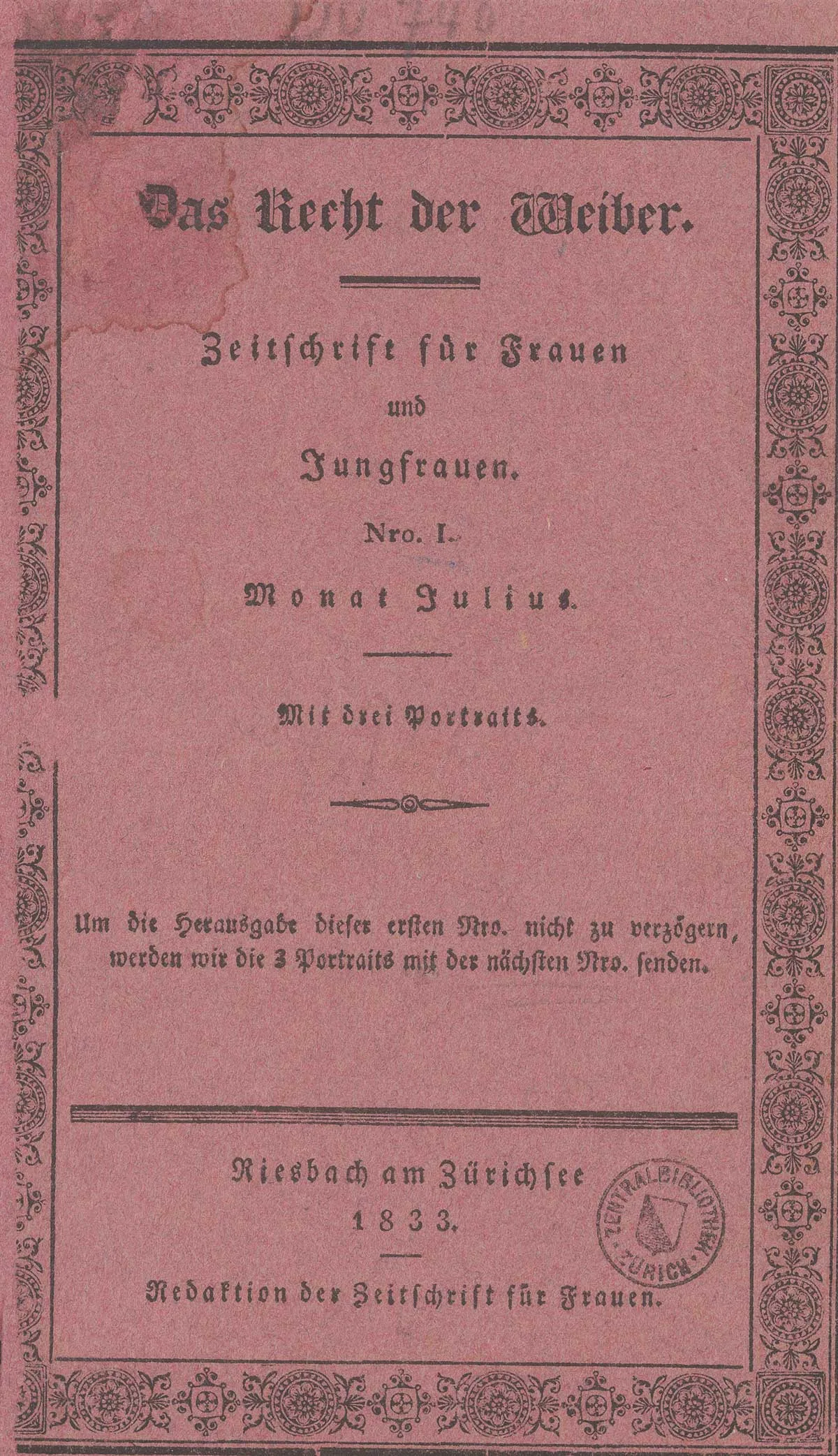 Das Recht der Weiber. Zeitschrift für Frauen und Jungfrauen, erste Ausgabe, 1833.