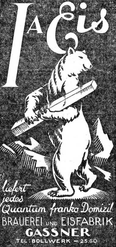 Werbung der Berner Brauerei Gassner für ihre Eislieferungen, 1928.
