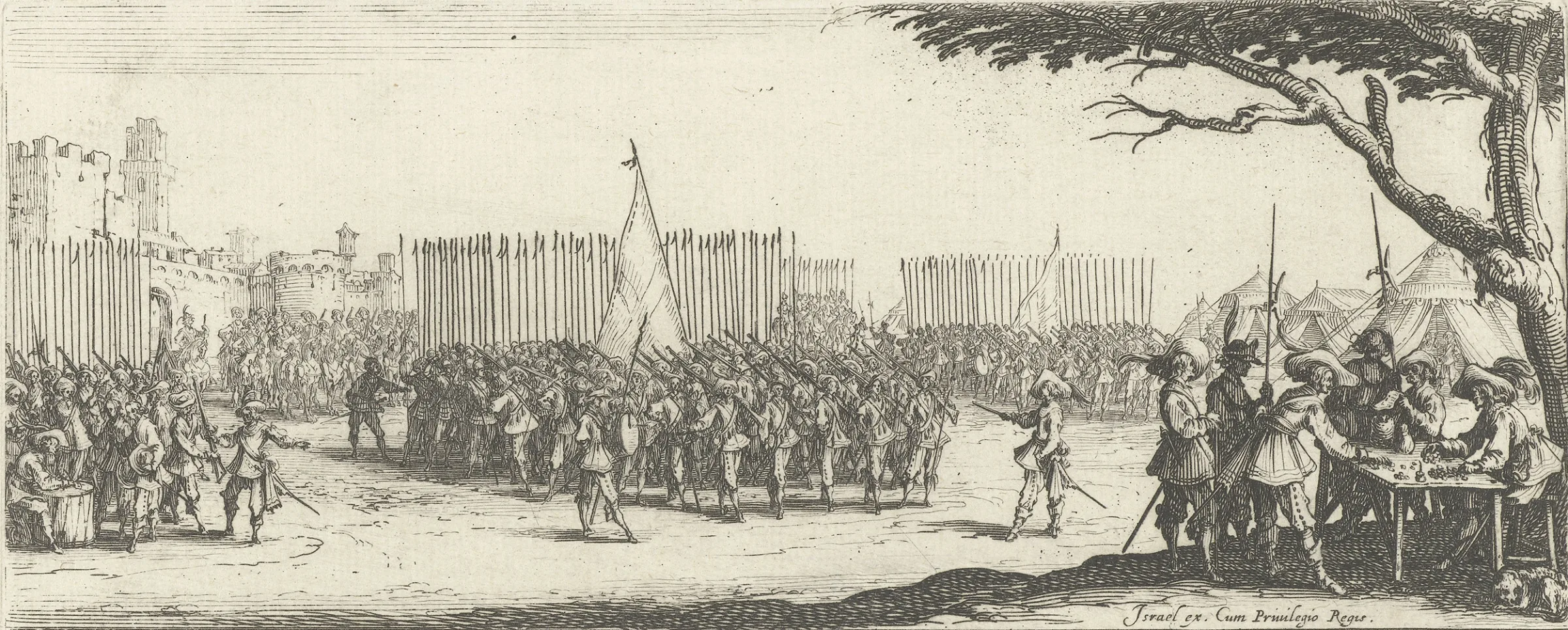 Rekrutierung von Soldaten während des Dreissigjährigen Krieges. Stich von Jacques Callot, 1633.