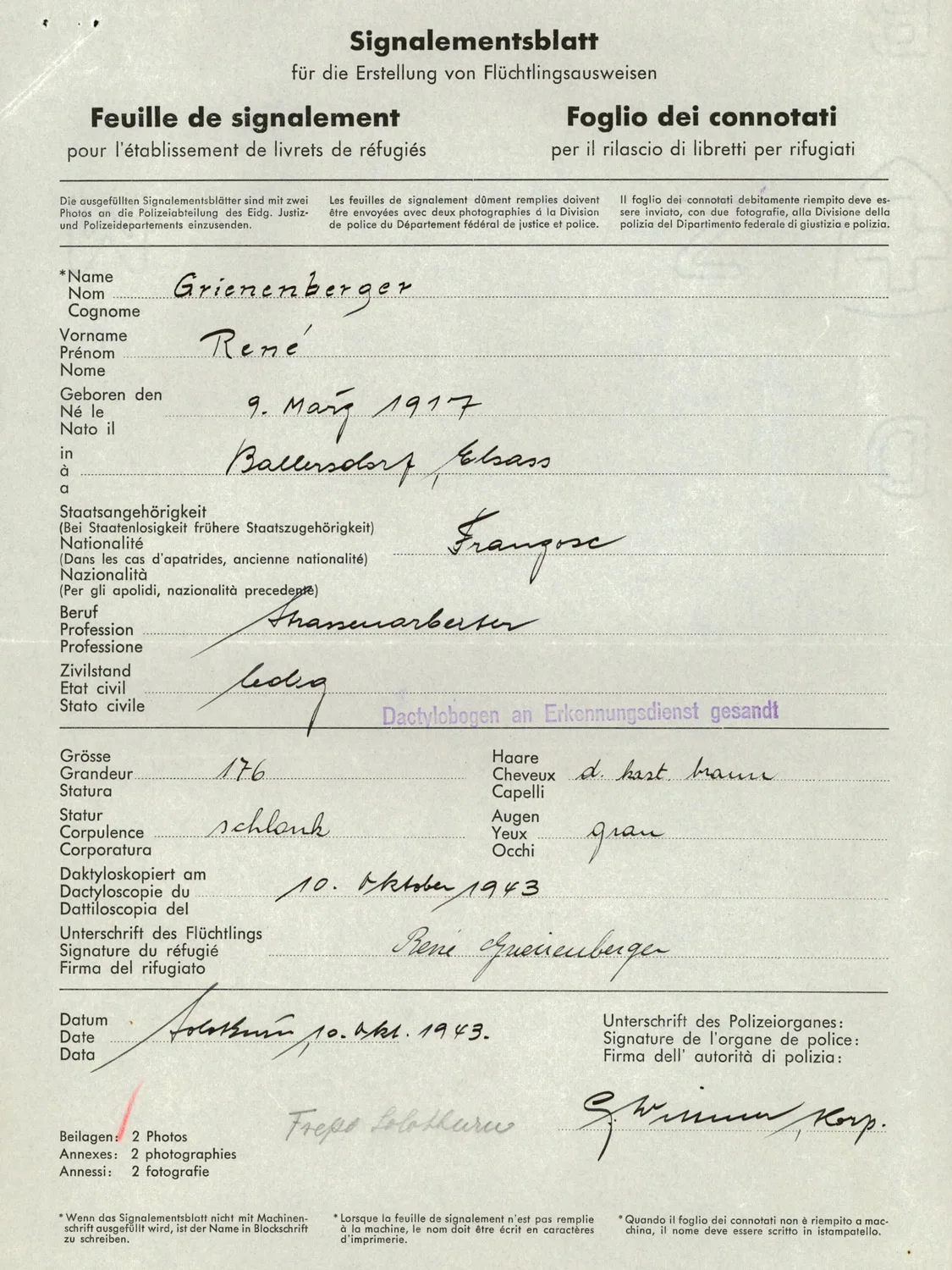 Porträt und ausgefülltes Signalementsblatt von René Grienenberger.