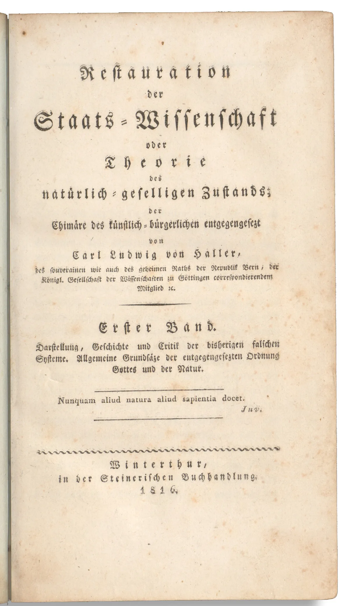 Restauration der Staats-Wissenschaft, 1816.