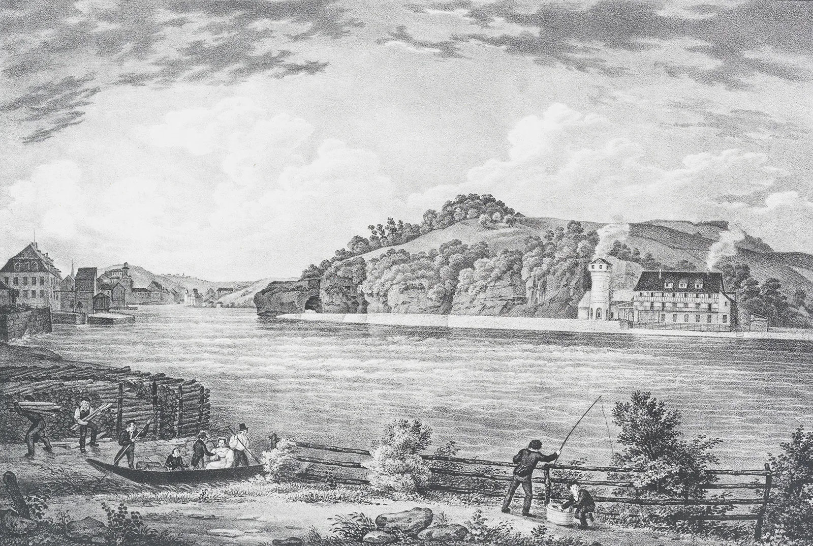 «Rheinfels. Fabrique de tuyaux de grès près de Schaffhouse», Emanuel Labhardt (1810–1874) zugeschrieben, um 1845.