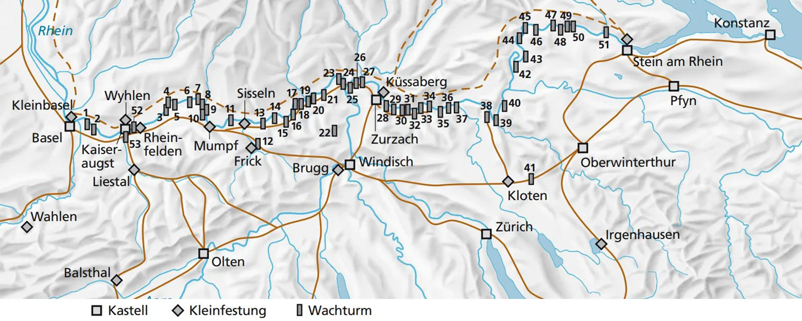 Römische Wachtürme entlang des Rheins.