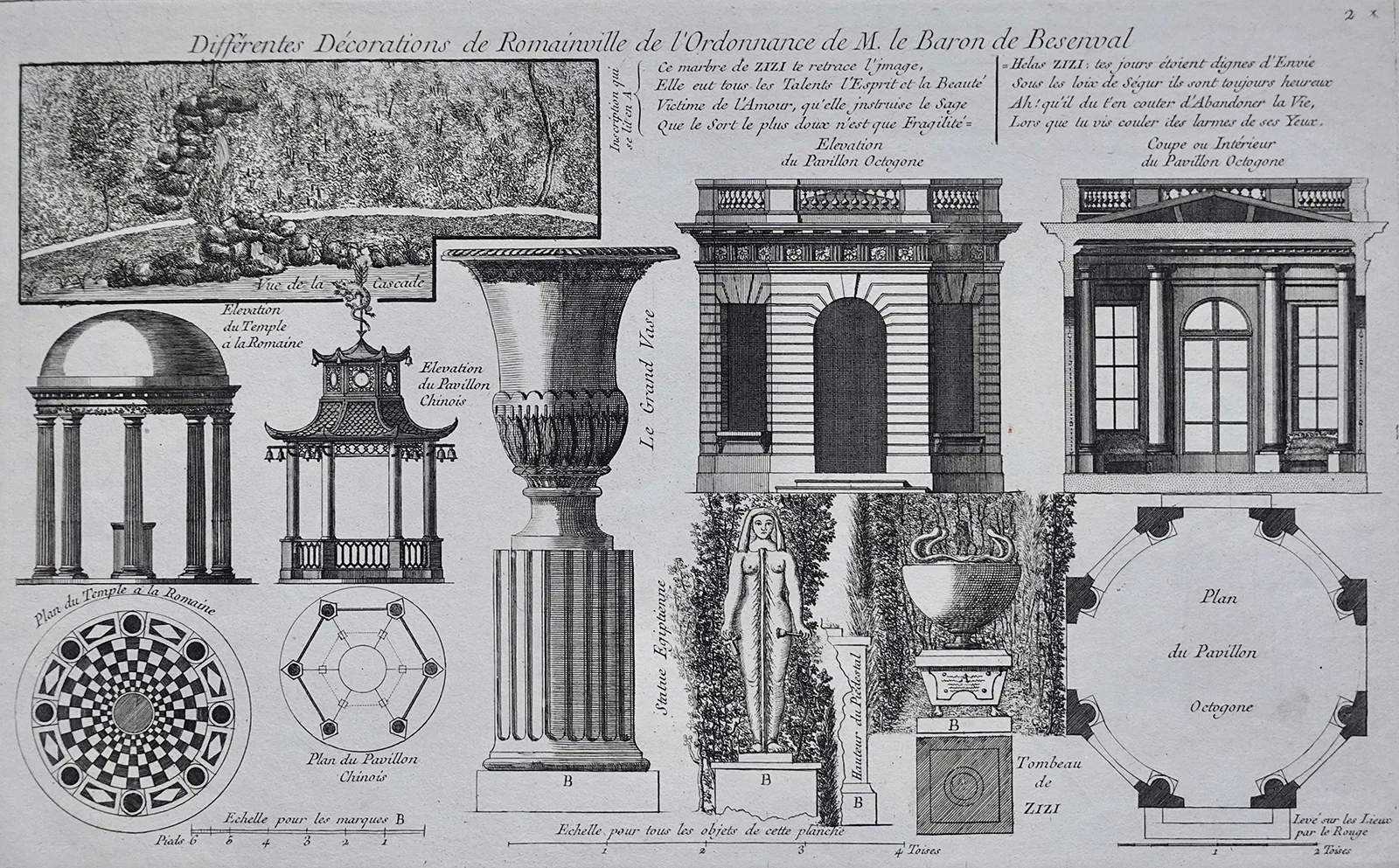 Bildtafel Différentes Décorations de Romainville de l’Ordonnance de M. le Baron de Besenval, aus: Georges-Louis Le Rouge, Jardins anglo-chinois, 9e cahier, 1781.