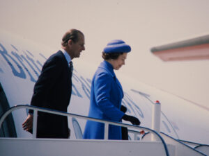 The royal visitors arrive at Zurich’s Kloten airport on 29 April 1980.