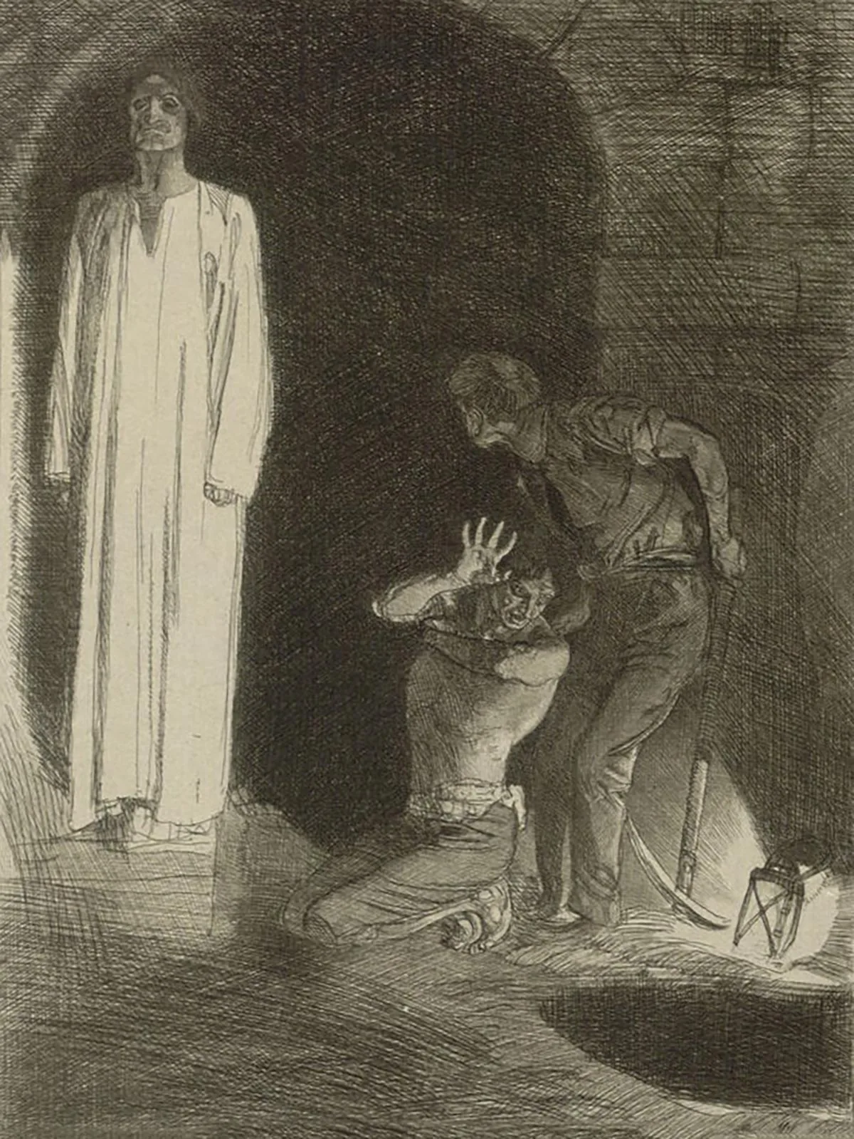 Oft wurden Schätze von Geistern bewacht. So auf jeden Fall wurde es im 18. Jahrhundert erzählt. Druckgrafik von Rudolf Jettmar, 1905.