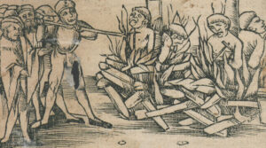 The condemned superiors are burned at the stake on 31 May 1509. Wood carving by Urs Graf, 1509.