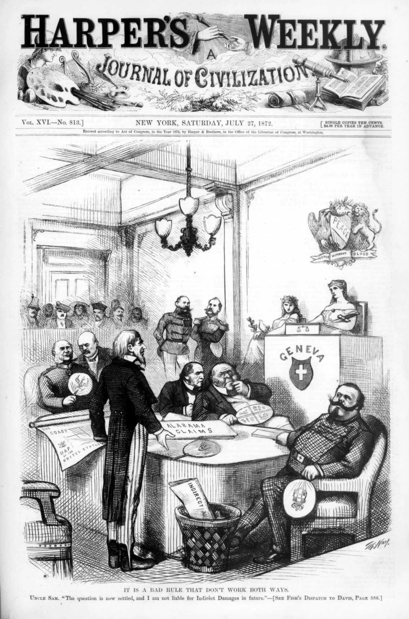 “It is a bad rule that don't (sic) work both ways”. Cartoon of Alabama court of arbitration by Thomas Nast on the title page of New York publication Harper's Weekly, Journal of Civilization, 27 July 1872.