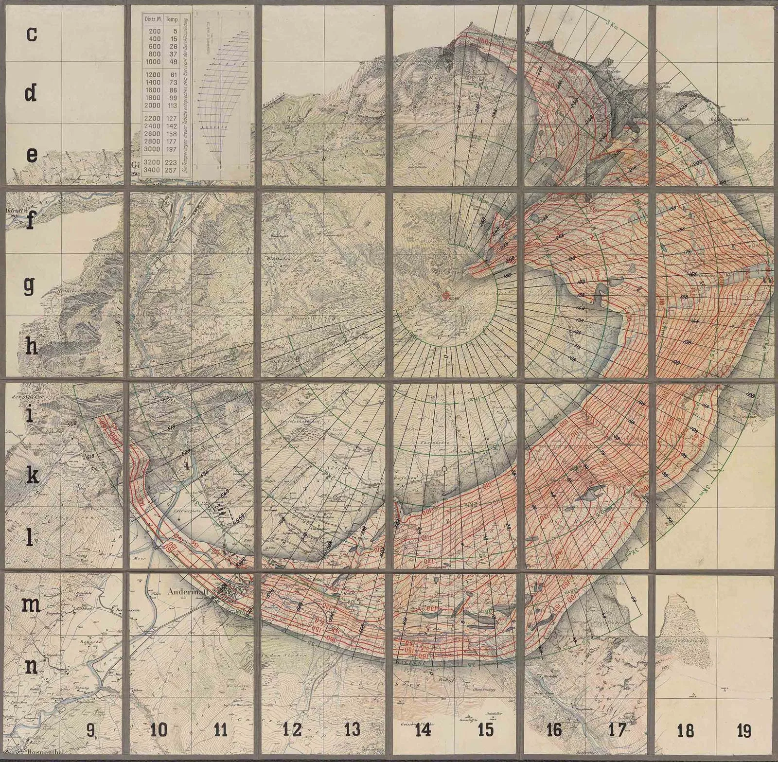 Schiesskarte für eine 12 cm-Haubitze des Fort Stöckli im Gotthardgebiet, ca. 1915. Im Zentrum der Darstellung liegt die mit einem kleinen roten Kreis markierte Haubitzenstellung, der beschiessbare Raum ist mit den roten Linien gekennzeichnet.