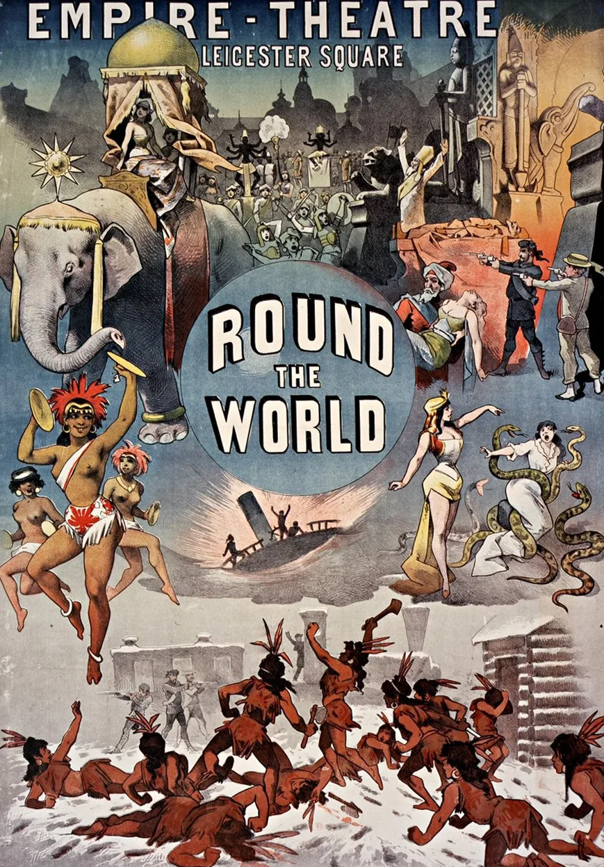 Plakat für das Stück „Round the World“ im Empire Theatre in London, 1885.