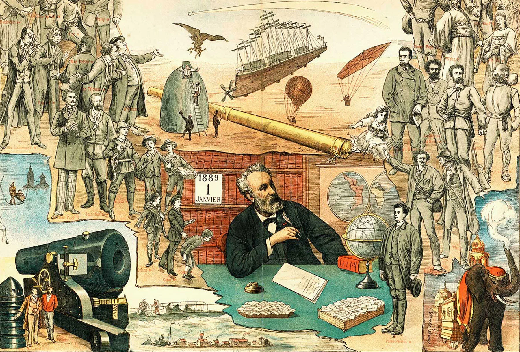 Illustration von Jule Vernes Abenteuerromanen, die zur Manie der Weltreisen beigetragen haben. Vielleicht haben sie auch Heinrich Schiffmann inspiriert?