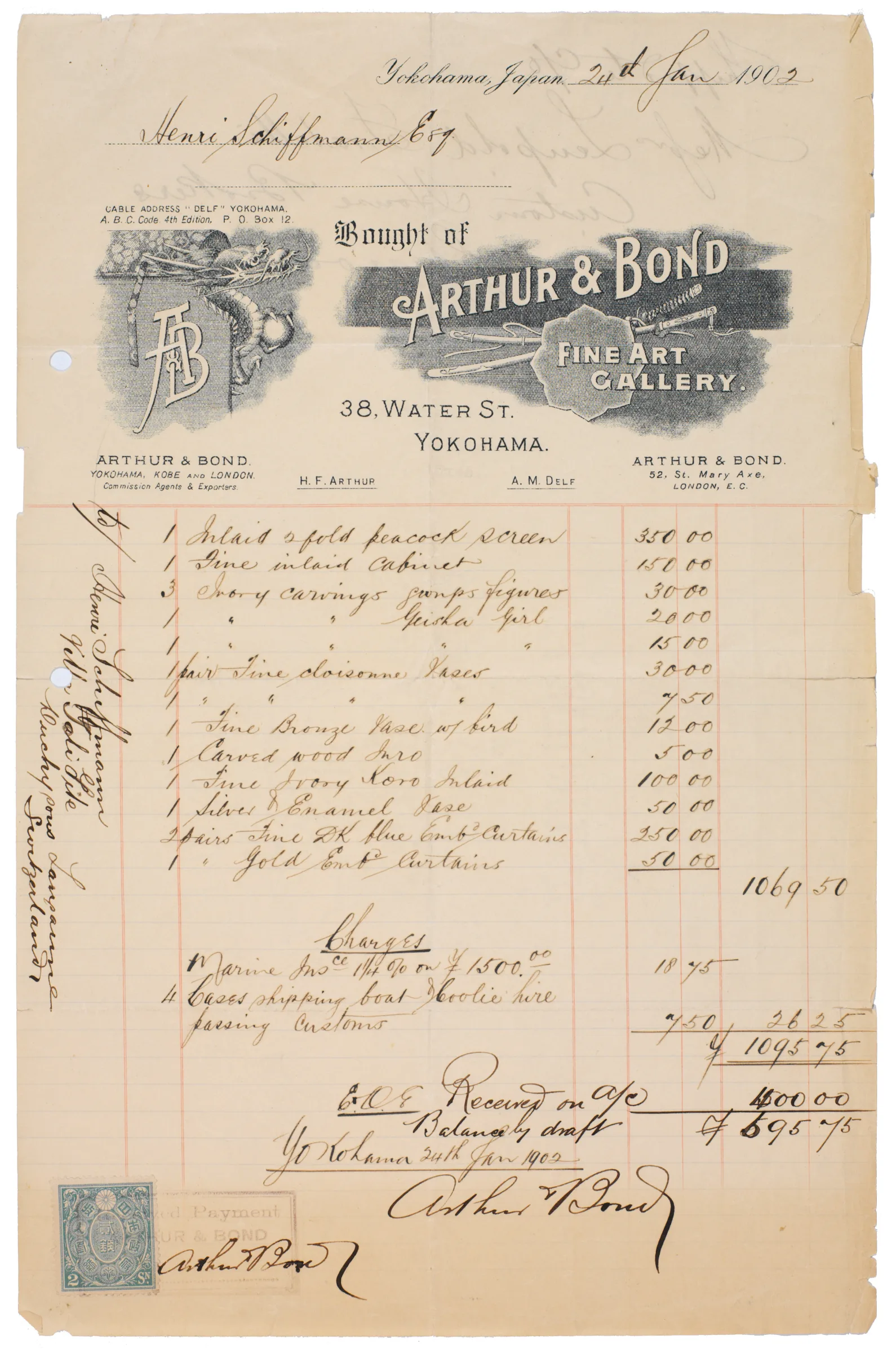 Rechnung des Geschäfts «Arthur & Bond» in Yokohama, 1902.