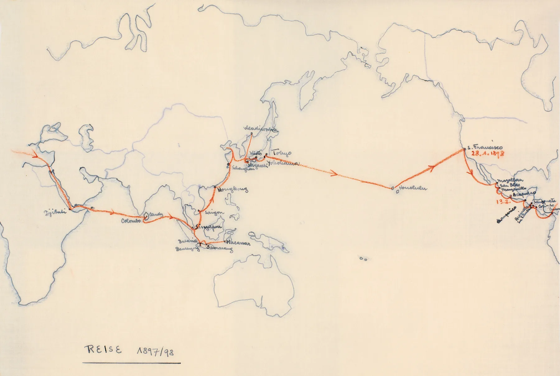 Die Route der ersten Weltreise von Heinrich Schiffmann.