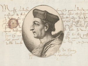 Mathieu Schiner dans un portrait de 1784. En arrière-plan, une lettre qu’il a adressée en sa qualité d’évêque à un envoyé du roi de France à Rome, non datée.
