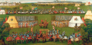 Heinrich VIII., König von England und Maximilian I., Kaiser des Heiligen Römischen Reiches, treffen sich nach der erfolgreichen Schlacht bei Guinegate. Gemälde aus dem 16. Jahrhundert.