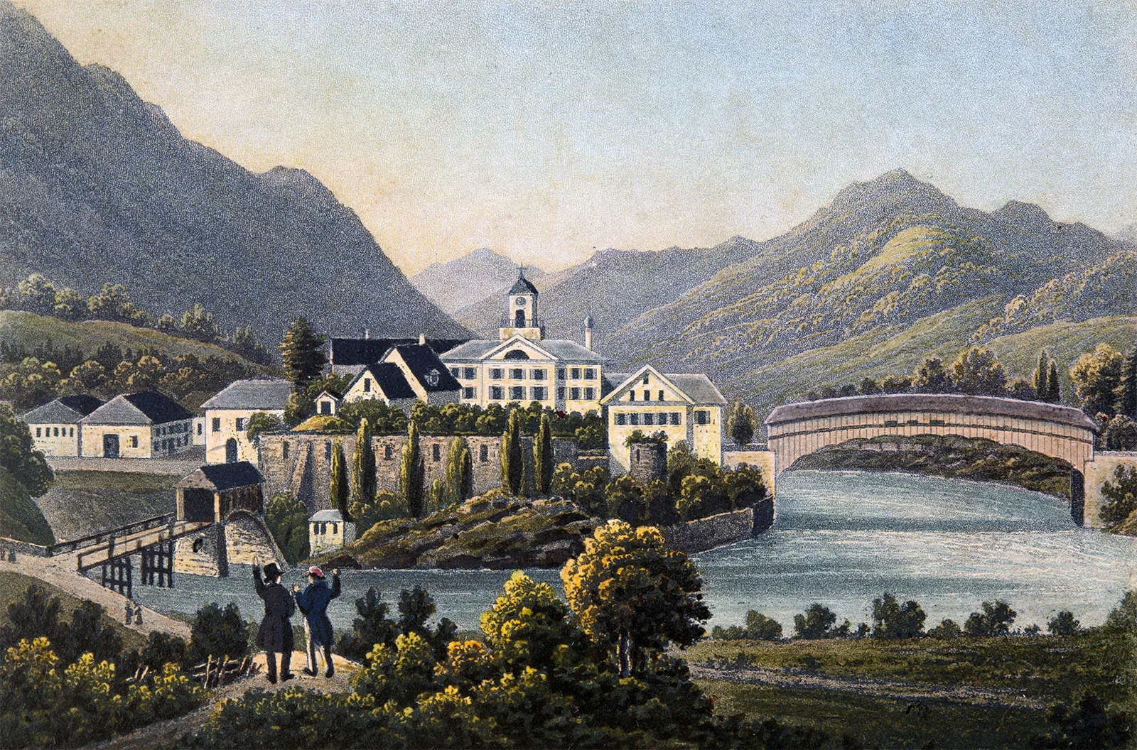 Das Schloss Reichenau in einer kolorierten Druckgrafik von Rudolf Dikenmann.