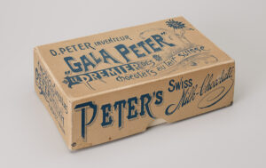 Boîte de chocolat «Gala Peter» ornée d’une publicité pour l’inventeur du chocolat au lait.