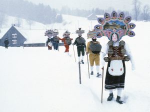 ‘Schöne’ Silvesterkläuse, or New Year mummers, doing the rounds in Urnäsch, sometime between 1975-1985.