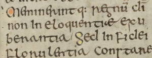 Schriftbild der Vita Sancti Columbae. Gut zu erkennen sind die Abstände zwischen den Wörtern sowie die Verbindungen (Ligaturen) zwischen einzelnen Buchstaben.