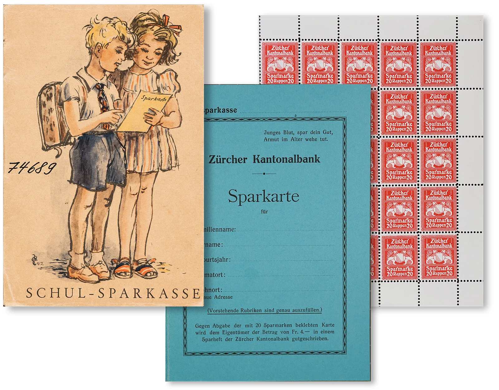 Cards and stamps from Zürcher Kantonalbank’s school savings scheme, 1946.
