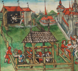 Schützenfest in Konstanz von 1458. Abbildung aus der Eidgenössischen Chronik des Luzerners Diebold Schilling, um 1513.