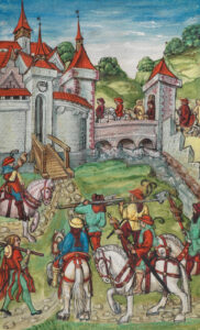 Des nobles souabes se rendent à la déclaration de fondation de la ligue. Les queues de renard sur leurs lances sont un symbole de malhonnêteté et d’hypocrisie. Représentation propagandiste suisse, dans la chronique du lucernois Diebold Schilling (1513).