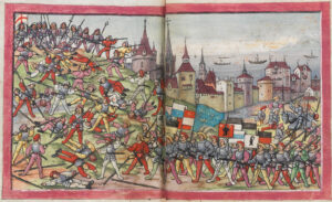 Schweizer Freiwillige erstürmen auf der Seite des französischen Königs das genuesische Lager, 1507.