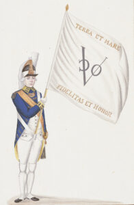 Schweizer Söldner (Fähnrich) aus dem Regiment de Meuron im Dienst der Holländischen Ostindienkompanie, um 1790.