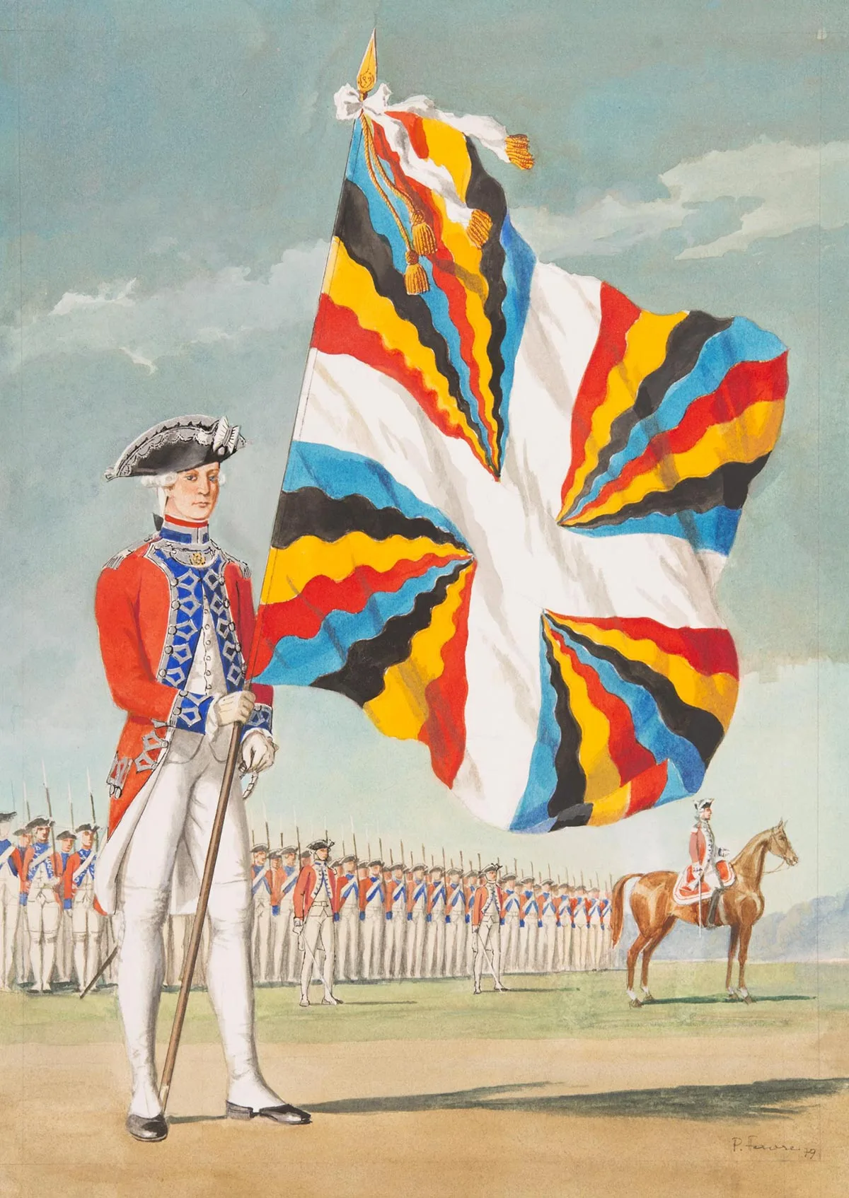 Eine geflammte Ordonnanzfahne auf einem Gemälde von 1786.