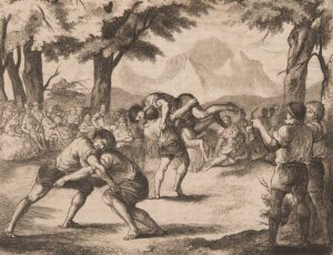 L’Église a longtemps perçu les compétitions de lutte suisse comme un risque de décadence. Gravure du XIXe siècle.