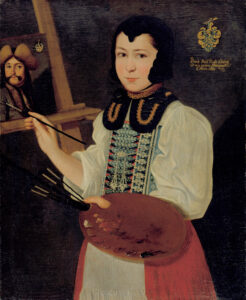 Anna Waser, Autoportrait à l’âge de 12 ans en train de peindre le portrait de son maître Johann Sulzer, 1691.