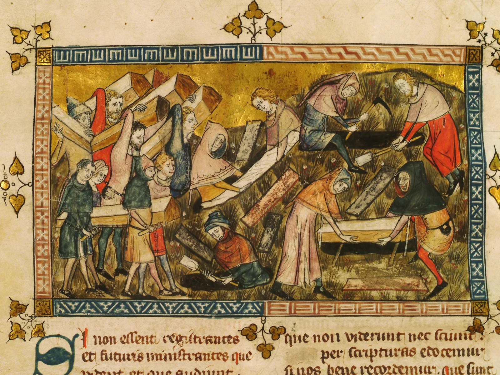 At the peak of the mass mortality, urban space for the numerous plague deaths was becoming scarce everywhere, as this dramatic depiction of Tournai in 1349 shows.