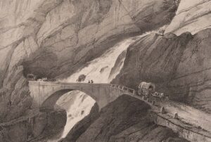 Kaspar Stockalper’s power began in Simplon and ended there when he travelled via the pass to exile in Domodossola. Print from the early 19th century showing the pass road.