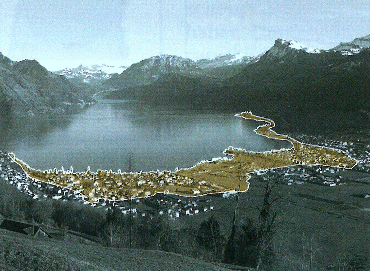 Visualisierung der Flut von 1601 in der heutigen Umgebung im Raum Ennetbürgen/Buochs.