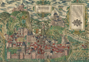 Sion around 1588. Panorama in the Cosmographia by Sebastian Münster.
