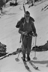 Armed border guard on a ski patrol, 1945.