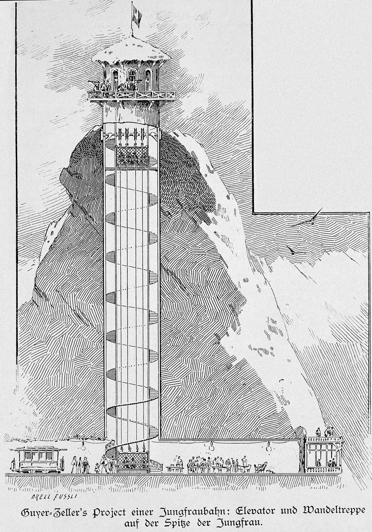 Dieser Turm mit Treppen und Lift sollte die Besuchenden auf den Gipfel bringen.