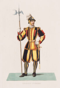 Gravure représentant un garde suisse, réalisée vers 1850.