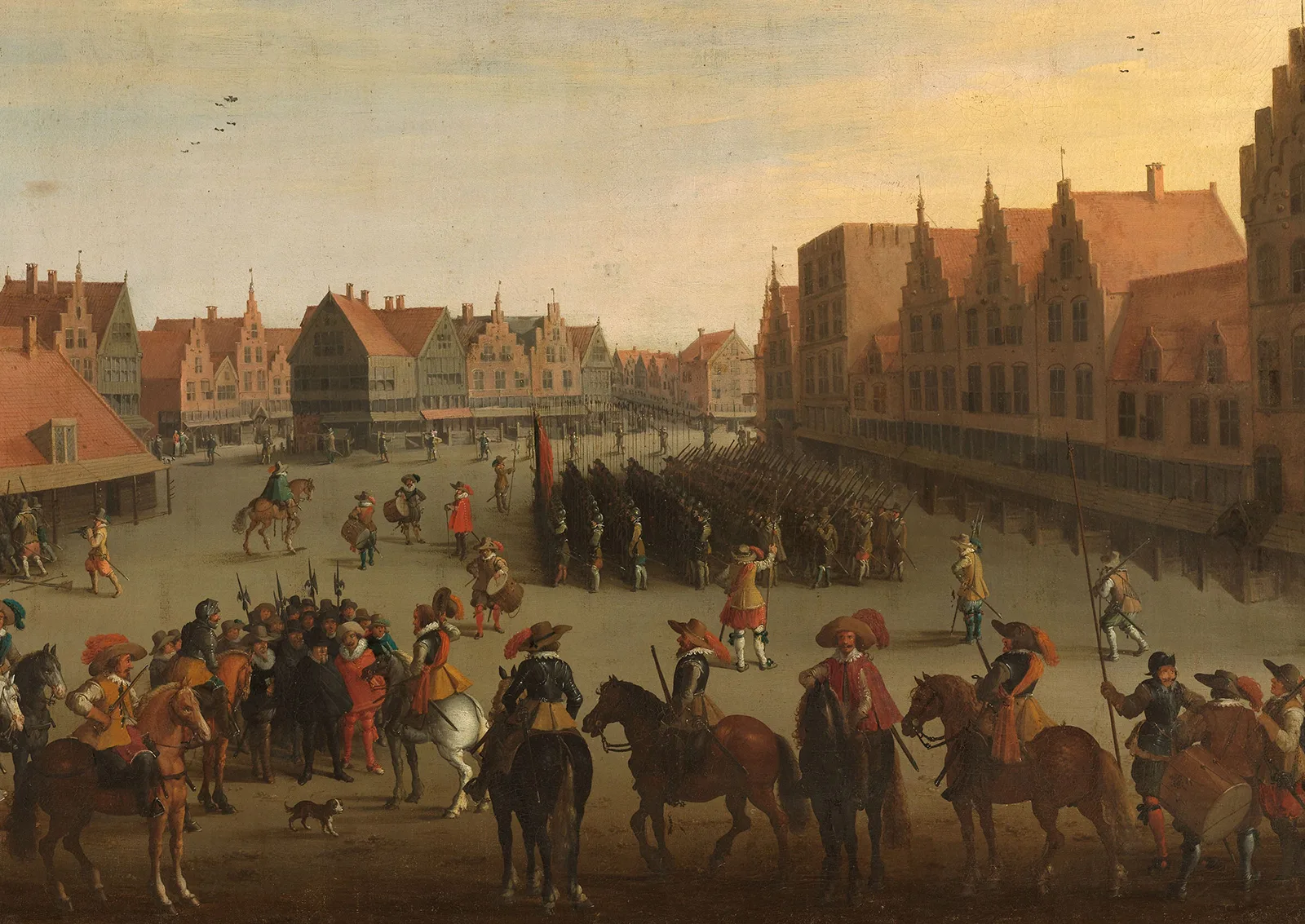 Söldner auf dem Marktplatz von Utrecht am 31. Juli 1618. Gemälde von Joost Cornelisz Droochsloot, 1625 (Ausschnitt).