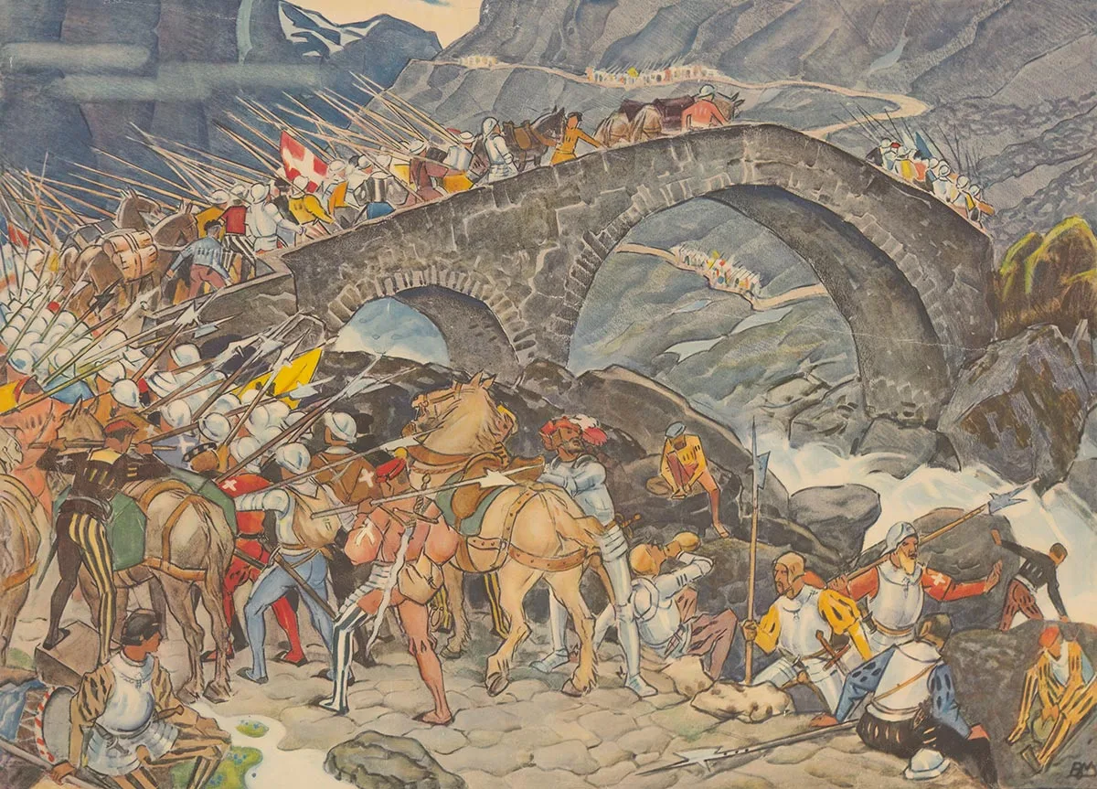 Der Solddienst war ein einträgliches Geschäft, welches etlichen, auch nicht adligen Familien den sozialen Aufstieg ermöglichte. Schulwandbild von 1936.