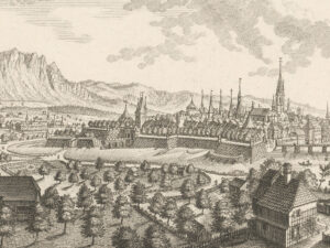 Solothurn seen from the west, mid-18th century. The redoubts, which had only just been built, surround the town.