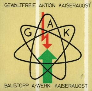 Autocollant de la Gewaltfreie Aktion Kaiseraugst («Action non-violente Kaiseraugst»).