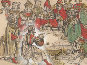 A Swiss mercenary holds the best hand vis-à-vis the great European rulers in the "Game for Milan". Woodcut by Hans Rüegger, 1514 (detail).