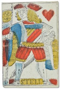 Un valet de cœur de style fribourgeois, signé Joseph Stelli. Cette carte est l’une des rares cartes à jouer françaises attribuée à un cartier soleurois.