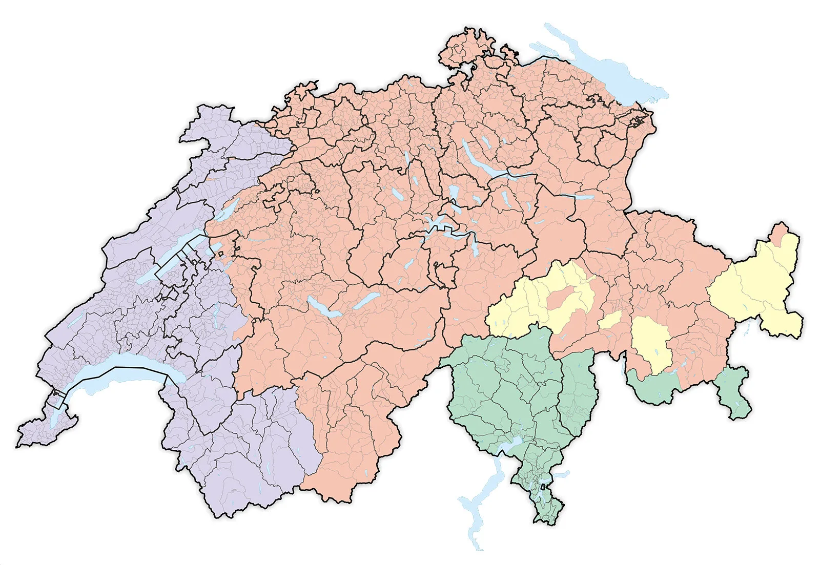 Die Sprachräume der Schweiz. Rot: Deutsch, Violett: Französisch, Grün: Italienisch, Gelb: Rätoromanisch. Innerhalb der Sprachräume gibt es eine Vielzahl an Idiomen, Dialekten und Akzenten, deren Grenzen zum Teil fliessend sind.