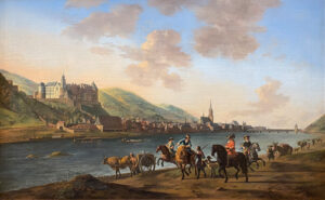 Surplombant le Neckar, la ville et le château d’Heidelberg avant leur destruction. Peinture de Gerrit Berckheyde, vers 1670.