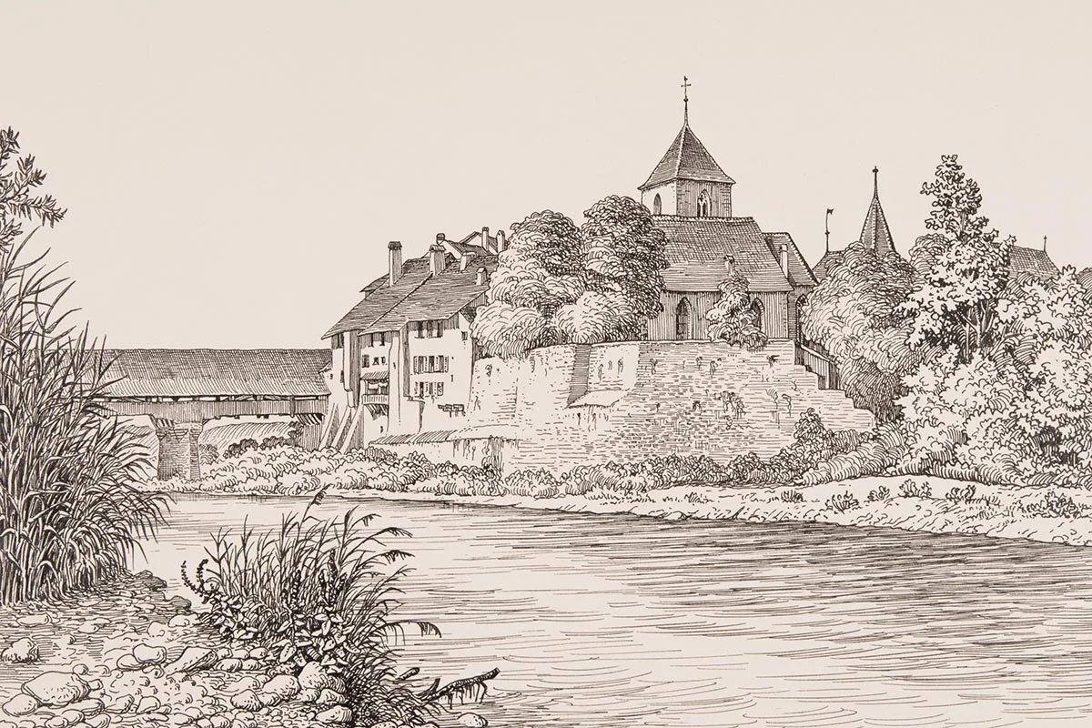 Stadtansicht von Aarberg, gezeichnet von Roland Anheisser, Anfang des 20. Jahrhunderts.